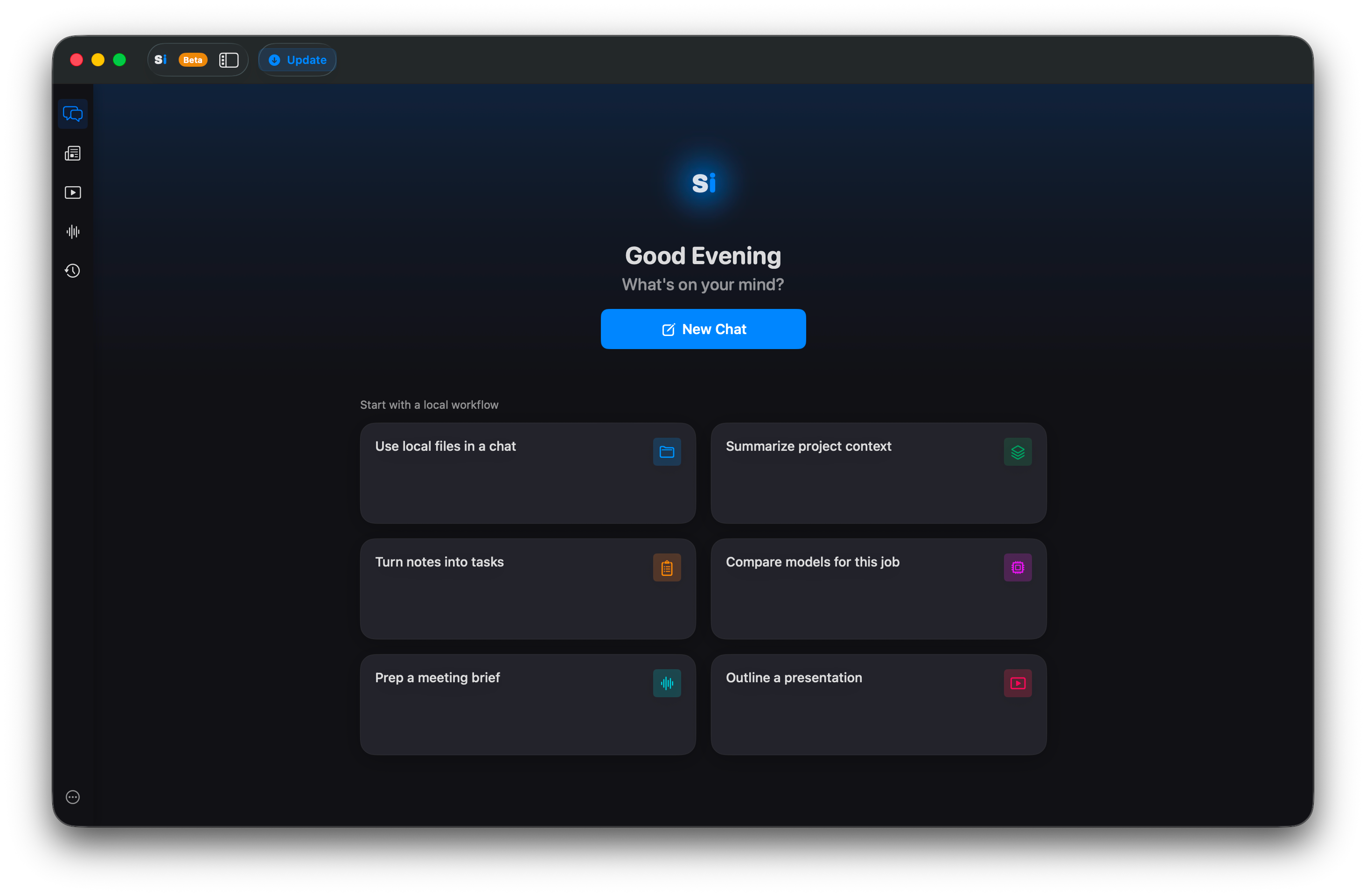 SilicaAI dark mode — local-first AI workspace for Mac